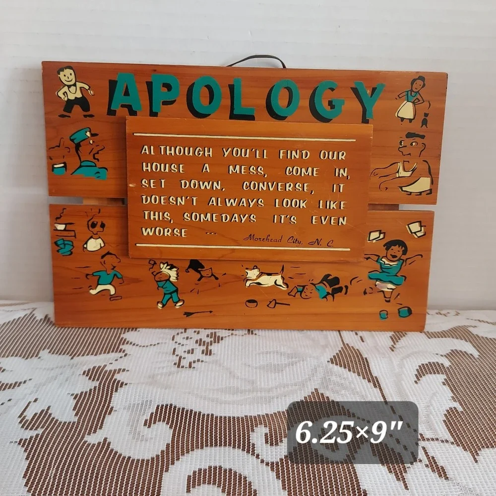 Vintage 1959 Wooden Apology Plaque Messy House Humor Morehead City NC Wall Decor